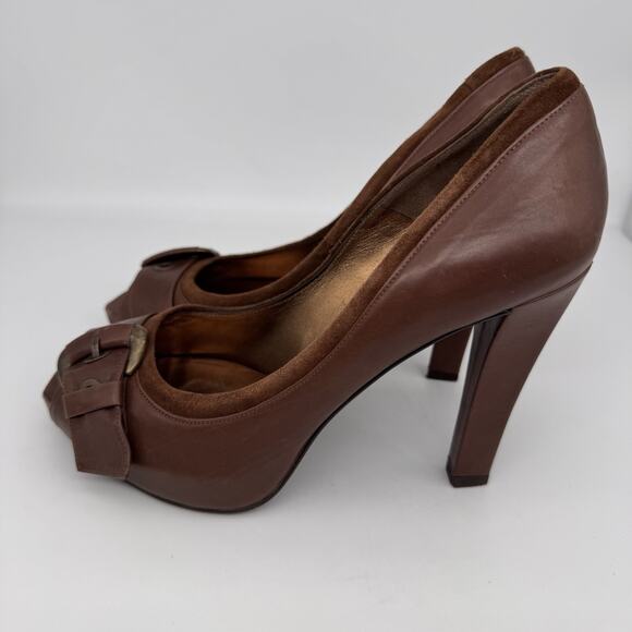 Pura Lopez Womens Leather Buckle Heel Shoes Size US 9 Brown Open Toe Y2K Office - Picture 2 of 11